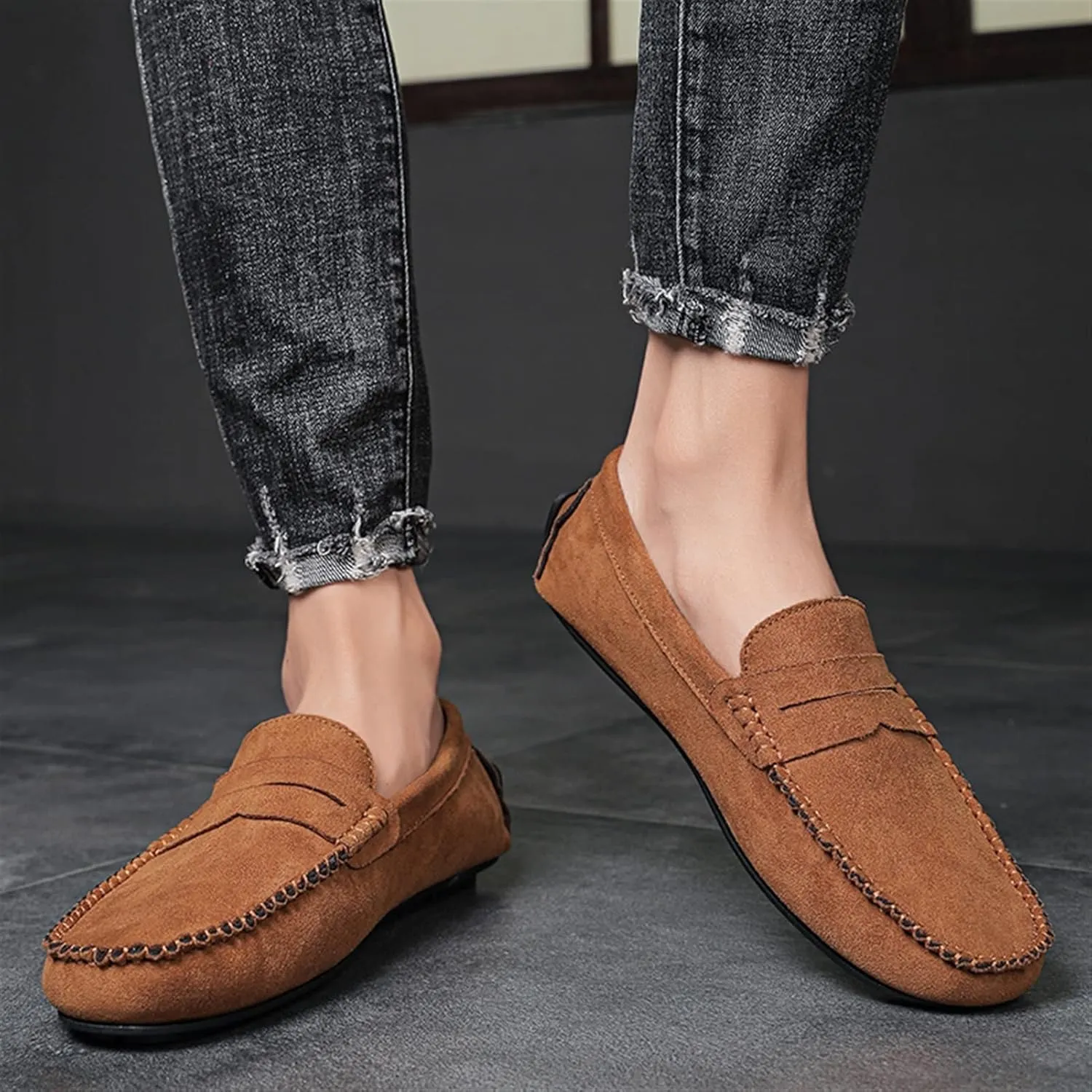 Men's Loafers Genuine Leather Round Toe Suede Vamp Penny Loafer Slip Resistant Comfortable Anti-Slip Wedding Slip-ons