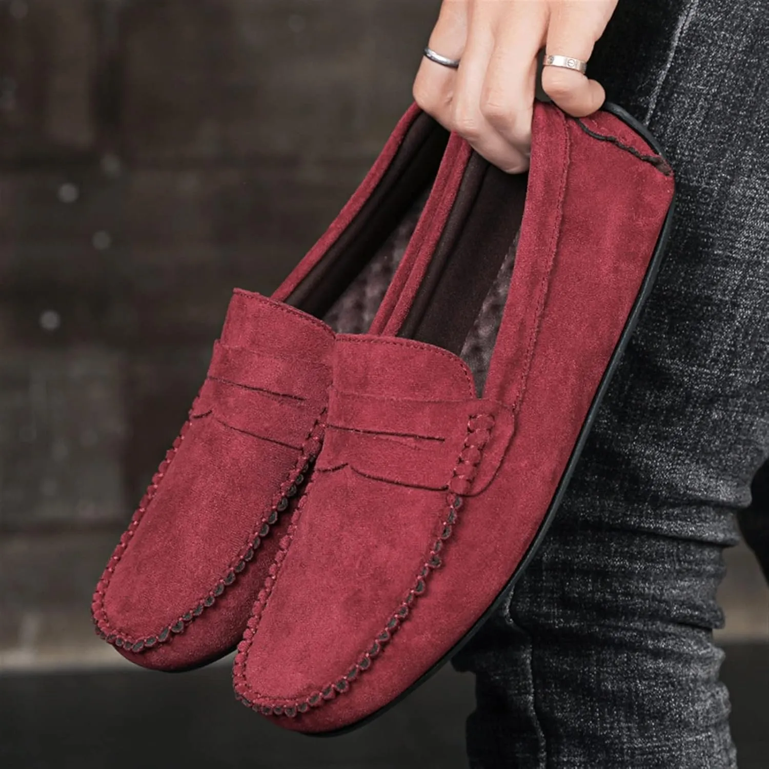 Men's Loafers Genuine Leather Round Toe Suede Vamp Penny Loafer Slip Resistant Comfortable Anti-Slip Wedding Slip-ons