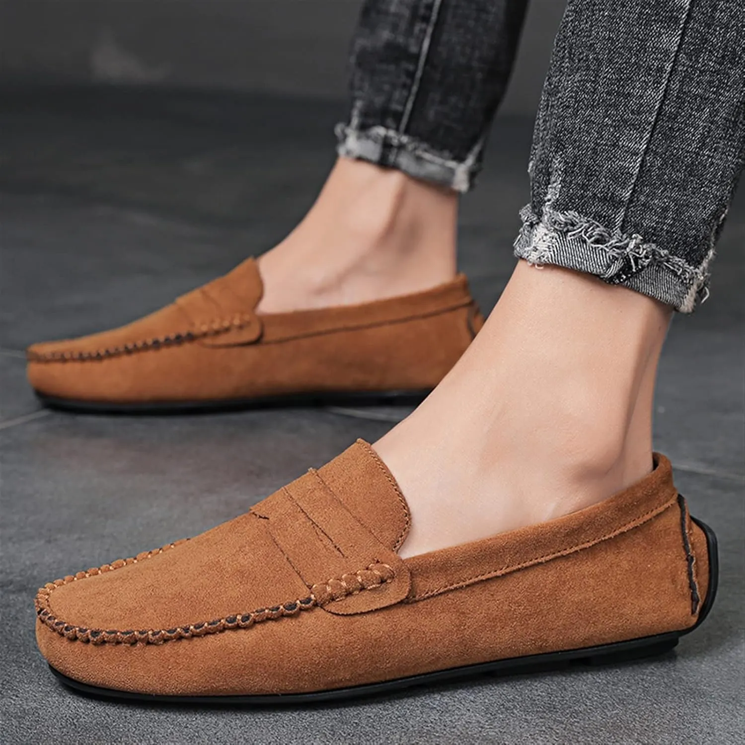 Men's Loafers Genuine Leather Round Toe Suede Vamp Penny Loafer Slip Resistant Comfortable Anti-Slip Wedding Slip-ons