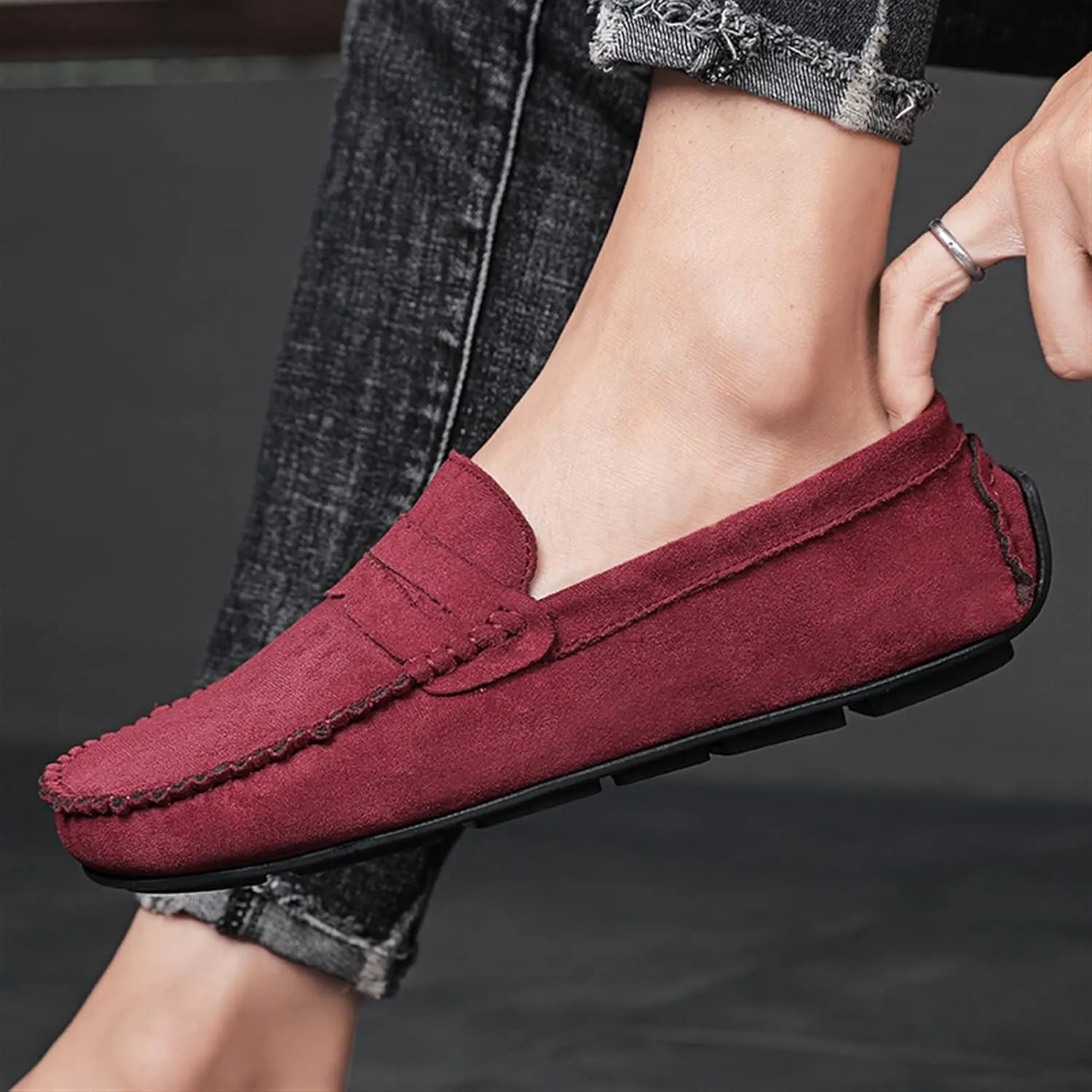 Men's Loafers Genuine Leather Round Toe Suede Vamp Penny Loafer Slip Resistant Comfortable Anti-Slip Wedding Slip-ons
