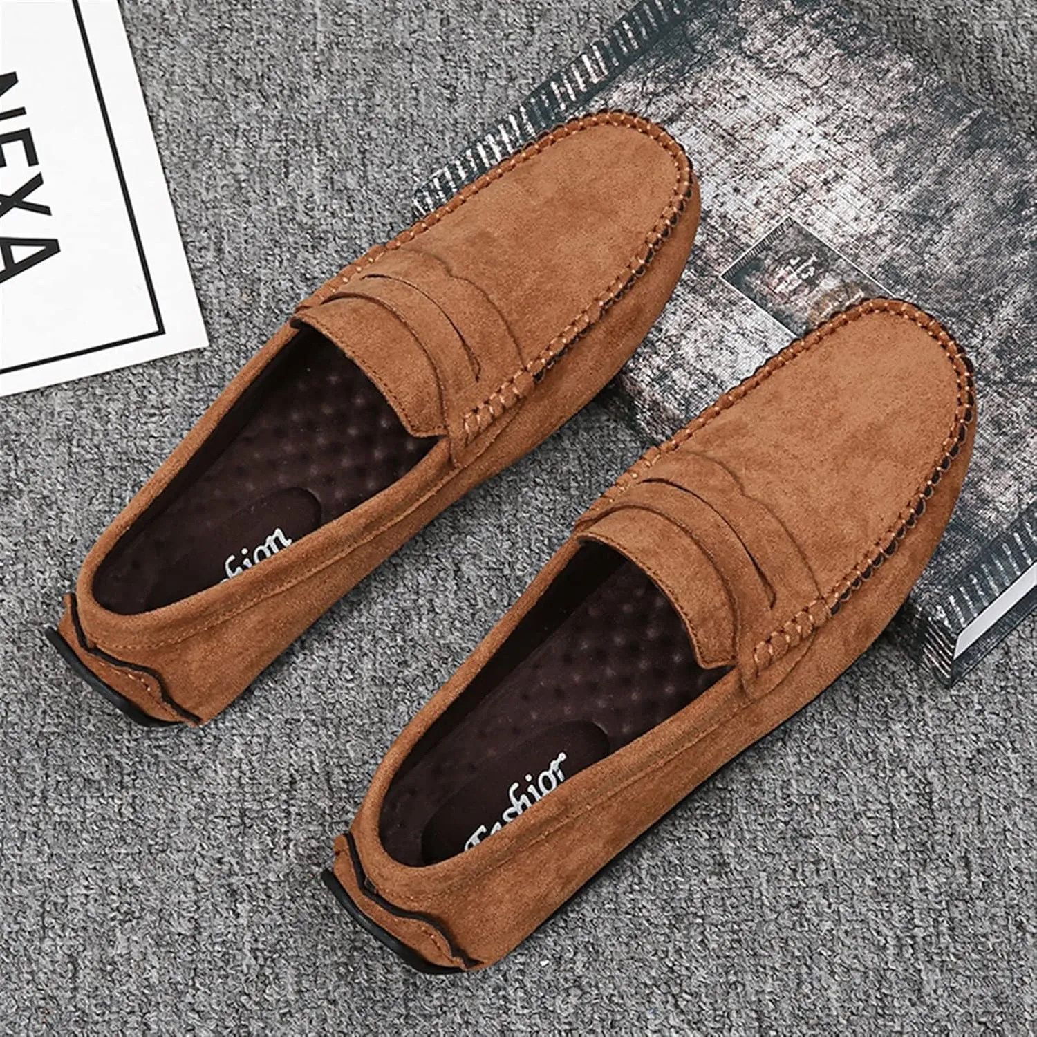 Men's Loafers Genuine Leather Round Toe Suede Vamp Penny Loafer Slip Resistant Comfortable Anti-Slip Wedding Slip-ons