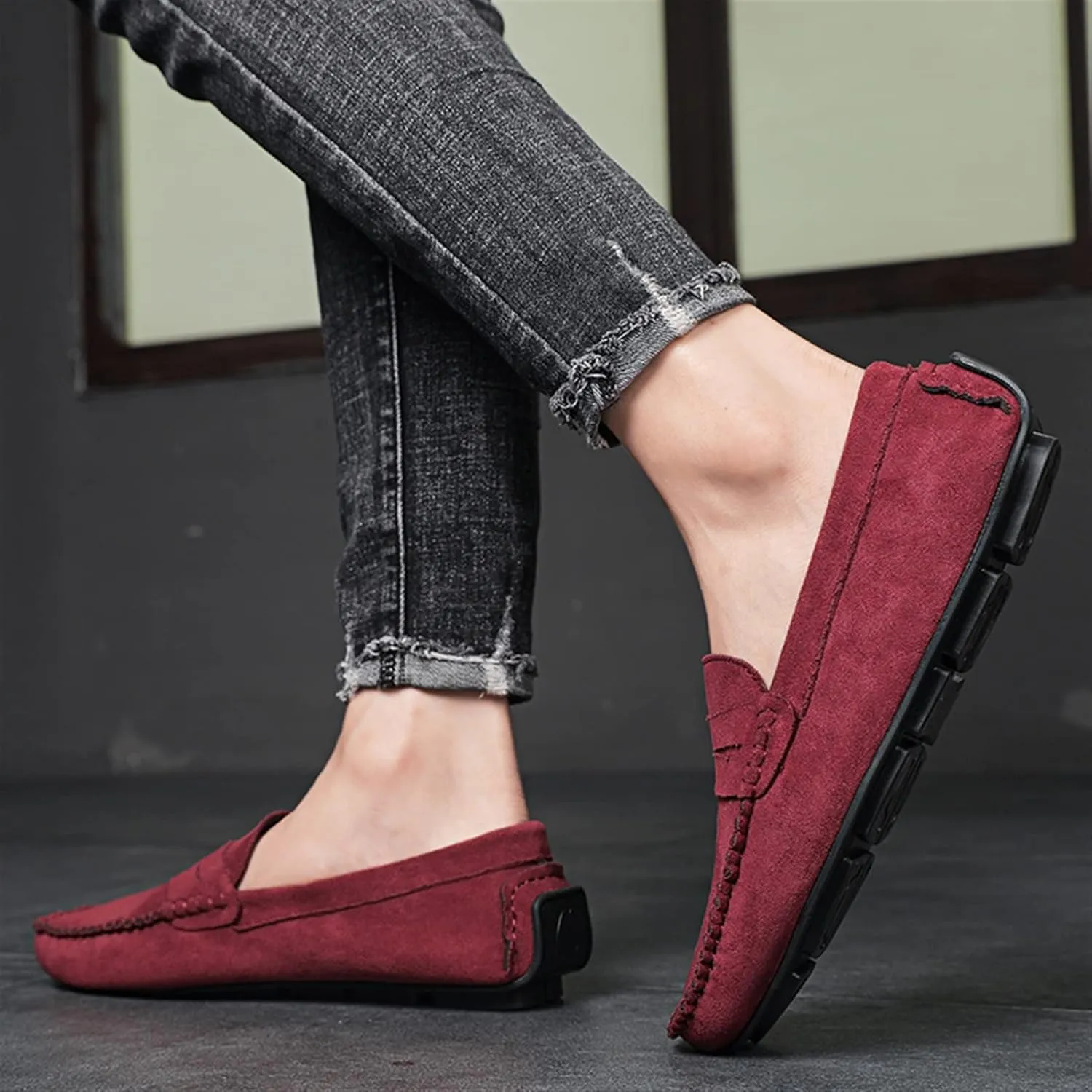 Men's Loafers Genuine Leather Round Toe Suede Vamp Penny Loafer Slip Resistant Comfortable Anti-Slip Wedding Slip-ons