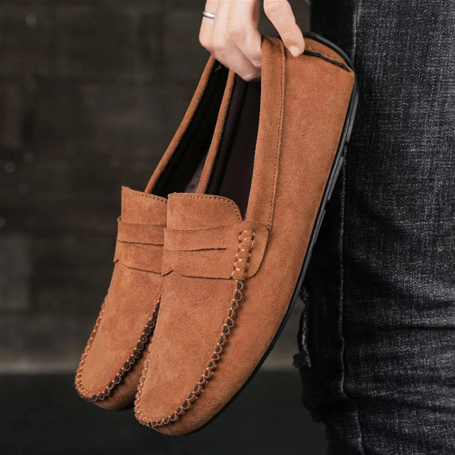 Men's Loafers Genuine Leather Round Toe Suede Vamp Penny Loafer Slip Resistant Comfortable Anti-Slip Wedding Slip-ons