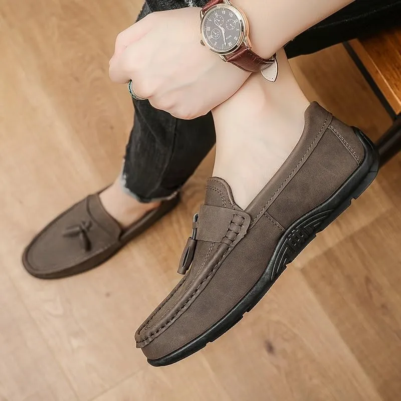 Mens Loafers Round Toe PU Leather Penny Loafers Tassel Slip Resistant Lightweight Anti-Slip Classic Casual Slip-on