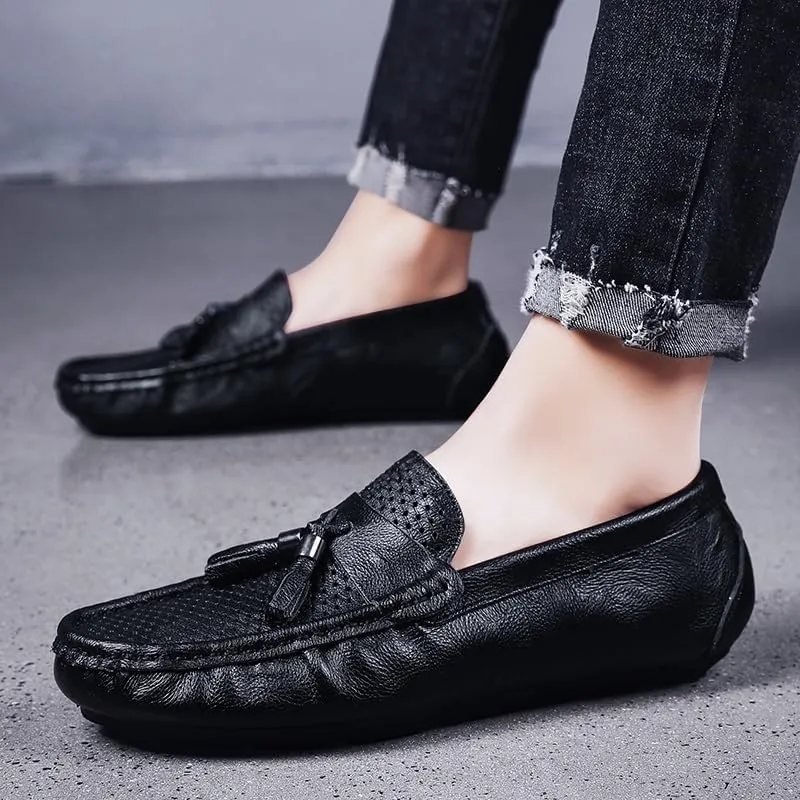 Men's Loafers Round Toe Solid Color Breathable with Tassel Driving Loafers Flat Heel Lightweight Anti-Slip Classic Slip On(9.5)