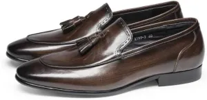 Mens Loafers Shoe Pointed Burnished Toe Tassel Genuine Leather Slip Resistant Comfortable Anti-Slip Casual Fashion Slip-ons