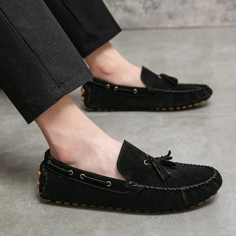 Mens Loafers Shoe Solid Color Round Toe Suede Vamp Tassel Driving Shoes Lightweight Anti-Slip Flexible Prom Outdoor Slip-ons