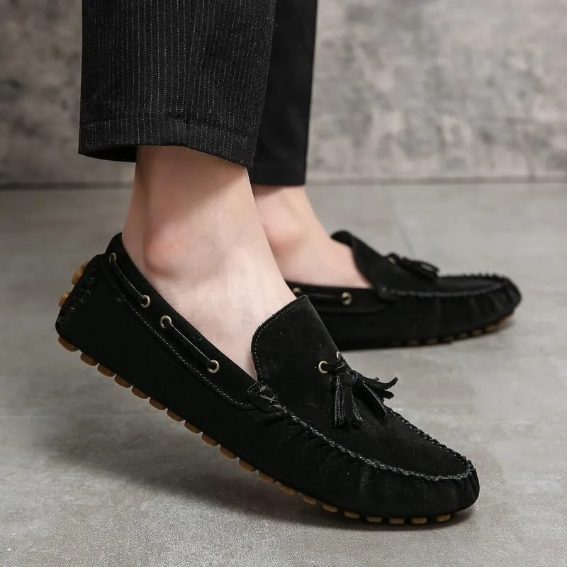 Mens Loafers Shoe Solid Color Round Toe Suede Vamp Tassel Driving Shoes Lightweight Anti-Slip Flexible Prom Outdoor Slip-ons