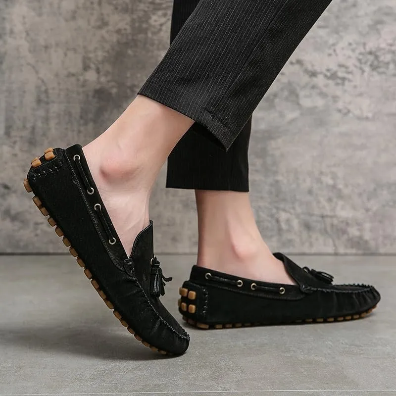 Mens Loafers Shoe Solid Color Round Toe Suede Vamp Tassel Driving Shoes Lightweight Anti-Slip Flexible Prom Outdoor Slip-ons