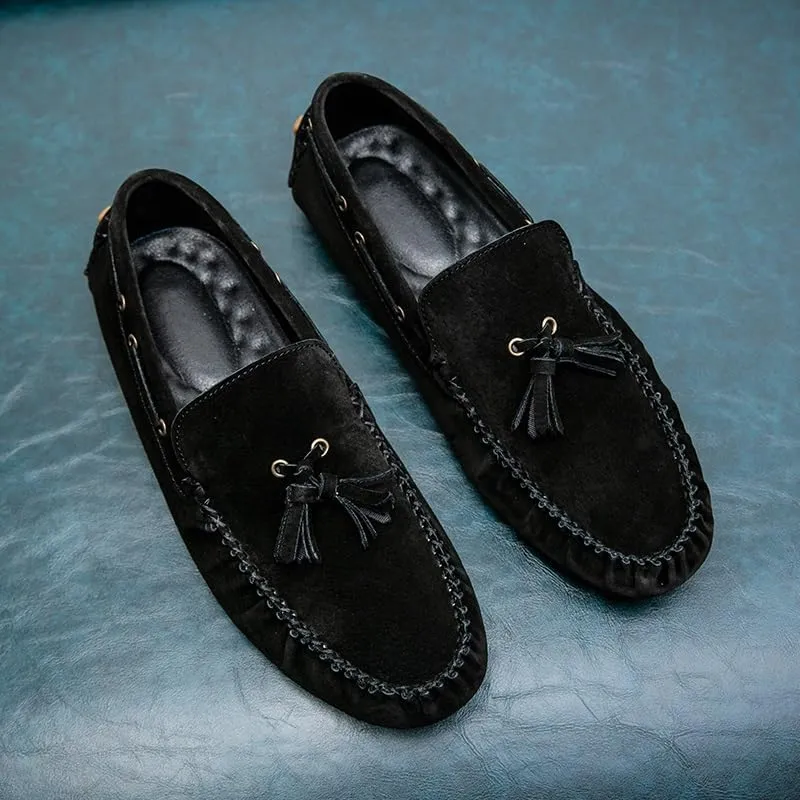 Mens Loafers Shoe Solid Color Round Toe Suede Vamp Tassel Driving Shoes Lightweight Anti-Slip Flexible Prom Outdoor Slip-ons