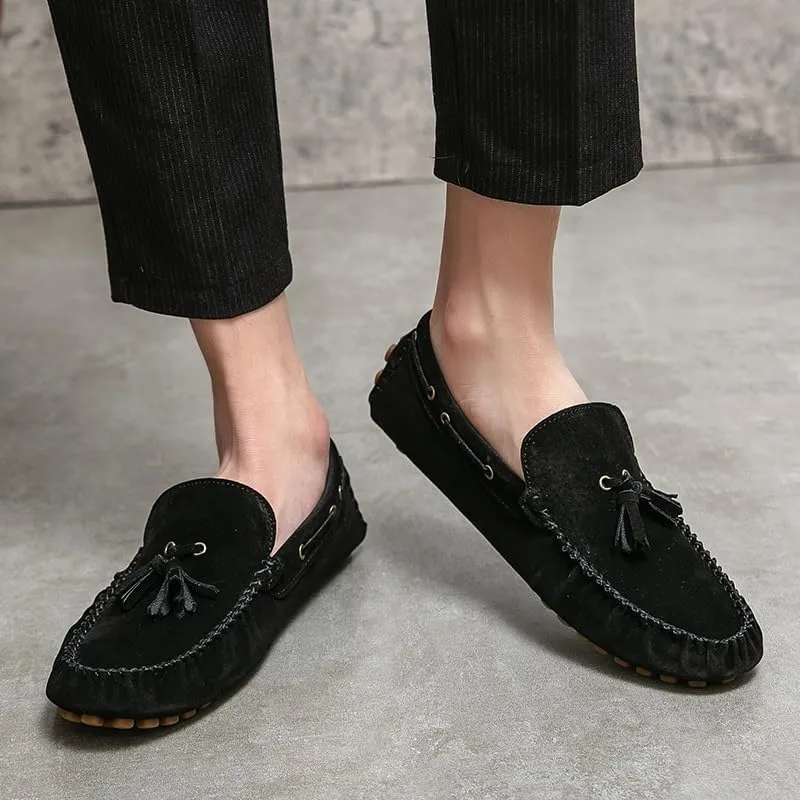 Mens Loafers Shoe Solid Color Round Toe Suede Vamp Tassel Driving Shoes Lightweight Anti-Slip Flexible Prom Outdoor Slip-ons