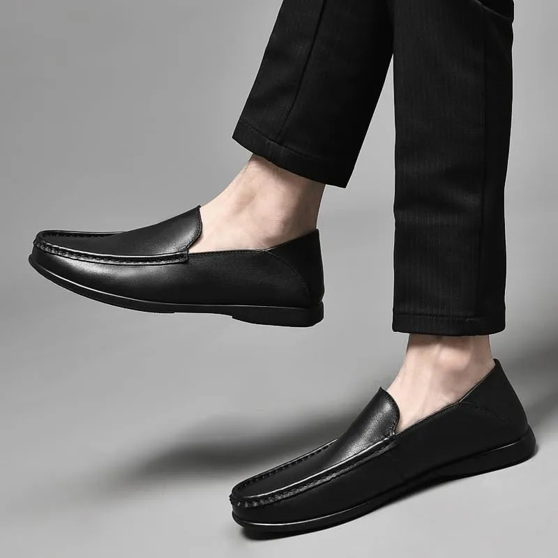Men's Loafers Shoes Solid Color Leather Round Toe Loafer Shoes Flat Heel Anti-Slip Comfortable Party Classic Slip-ons