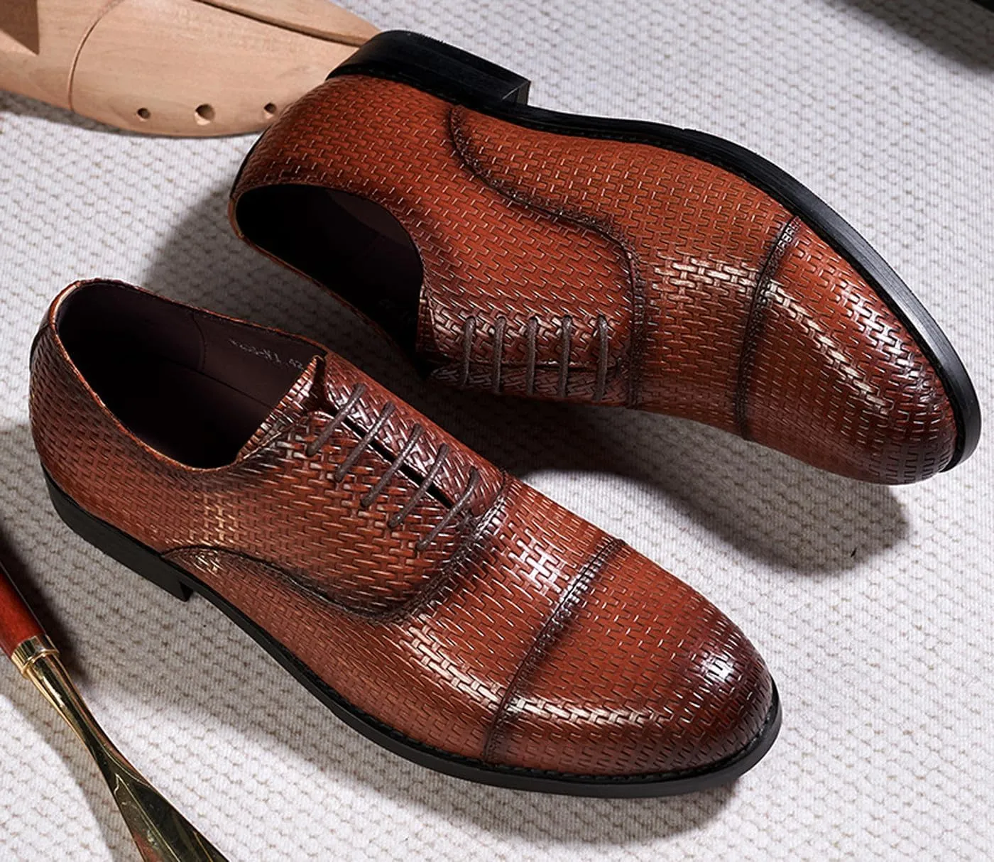 Mens Oxfords Formal Dress Suit Shoes Genunie Leather Woven Pattern Modern Shoes Men's Fashion Prom Wedding Business Casual Derby Comfortable Tuxedo Shoes for Men