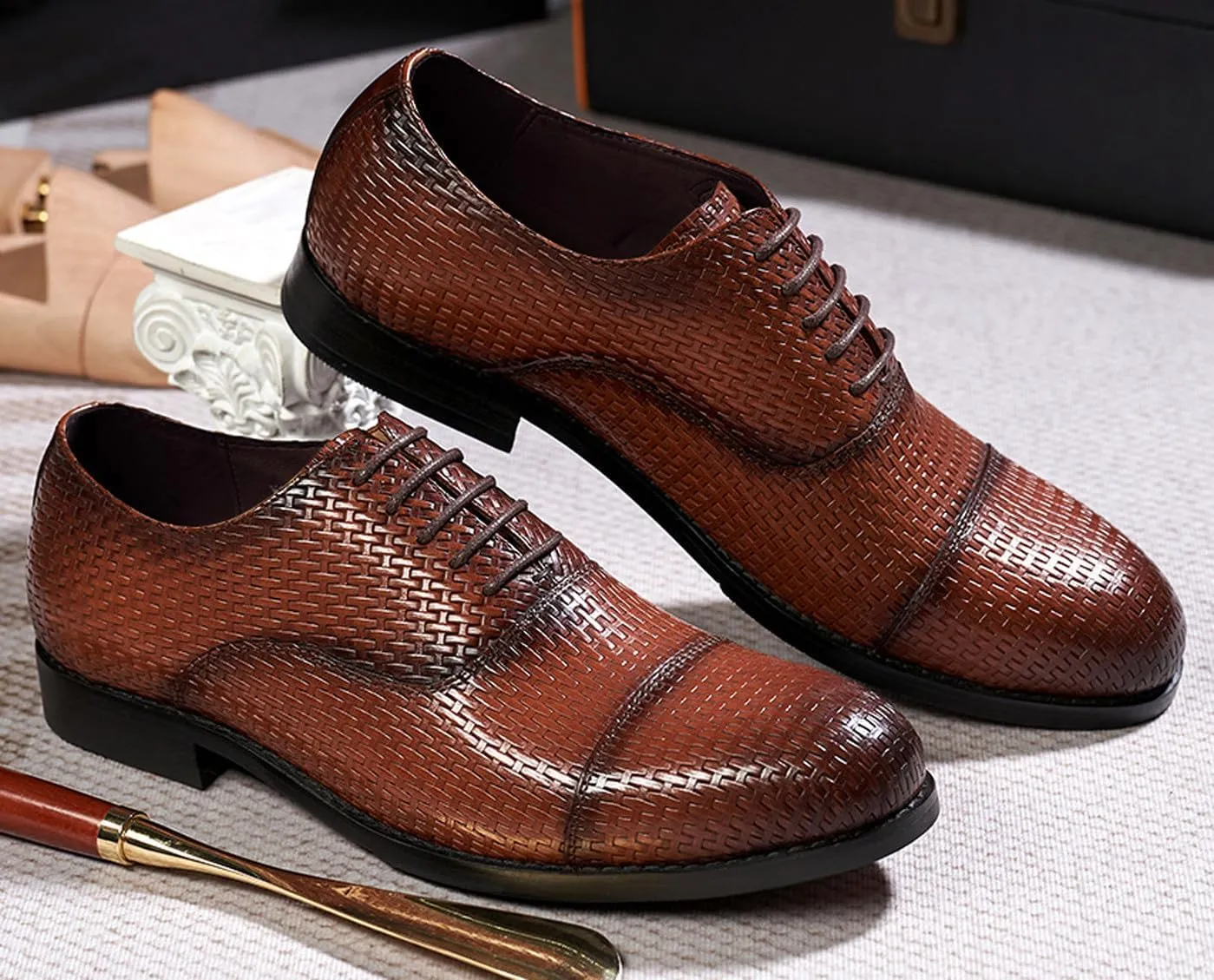 Mens Oxfords Formal Dress Suit Shoes Genunie Leather Woven Pattern Modern Shoes Men's Fashion Prom Wedding Business Casual Derby Comfortable Tuxedo Shoes for Men