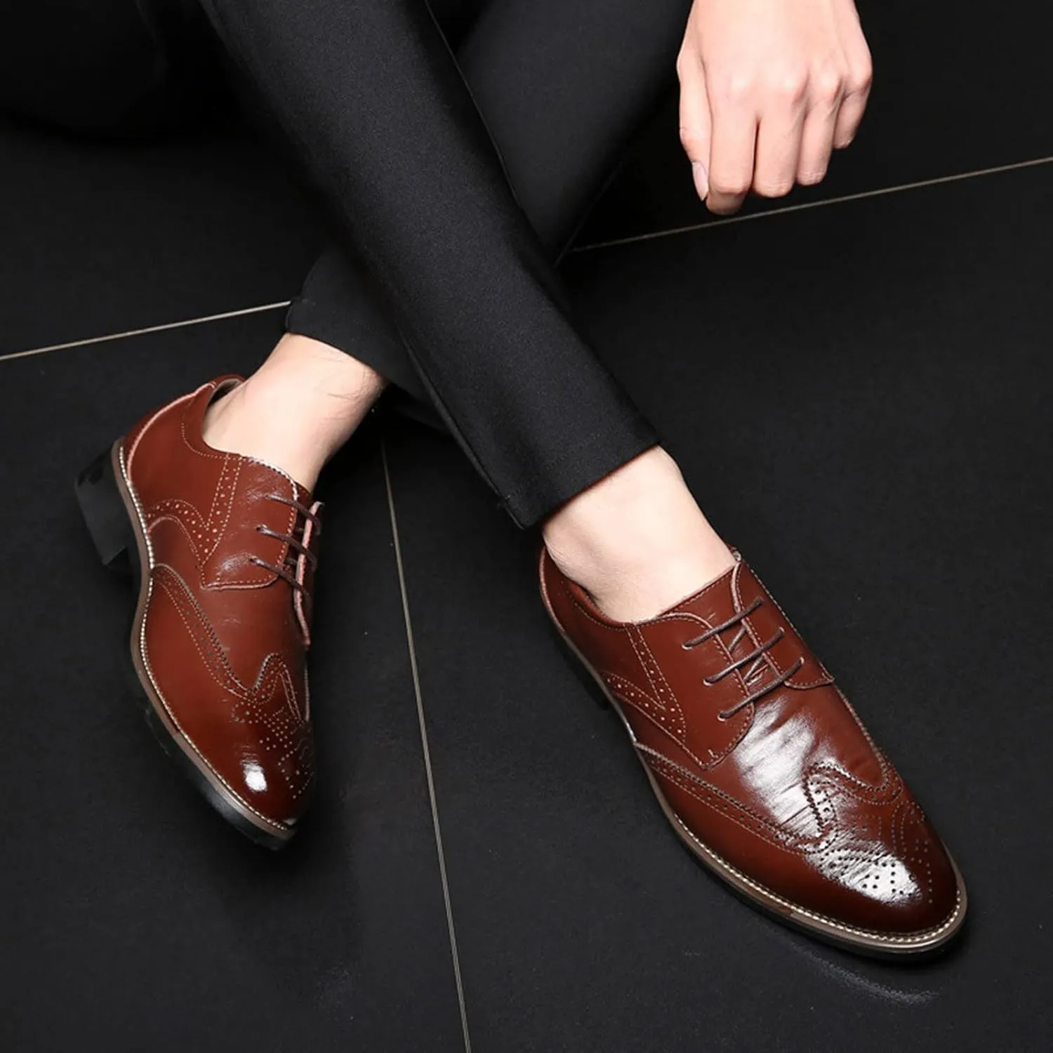 Mens Premium Leather Dress Shoes Comfort Business Classical Style Men's Breathable Hollow Business Casual Pointed Shoes Men's Handmade Dress Shoes Oxford Formal Leather