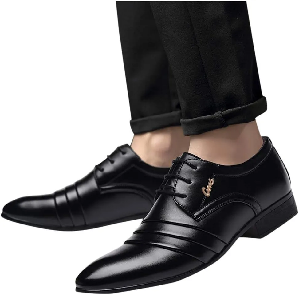 Mens Retro Black Dress Shoes with Comfortable Low Heel Mens Cap Toe Oxfords Arch Support Walking Leather Shoes Business Formal Oxfords for Men Non Slip Dating Leather Shoe Suit Footwear
