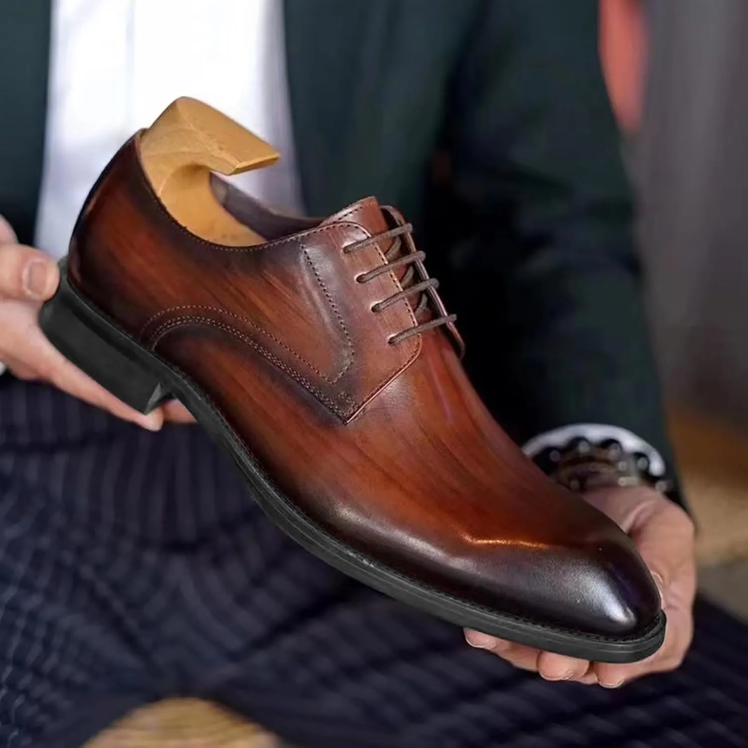 Mens Retro Leather Shoes Elegant Business Formal Shoes Casual Dating Brown Dress Leather Shoe for Men Daily Dress Shoe Squre Toe Lace Up Suit Footwear Comfort Offic Derbby