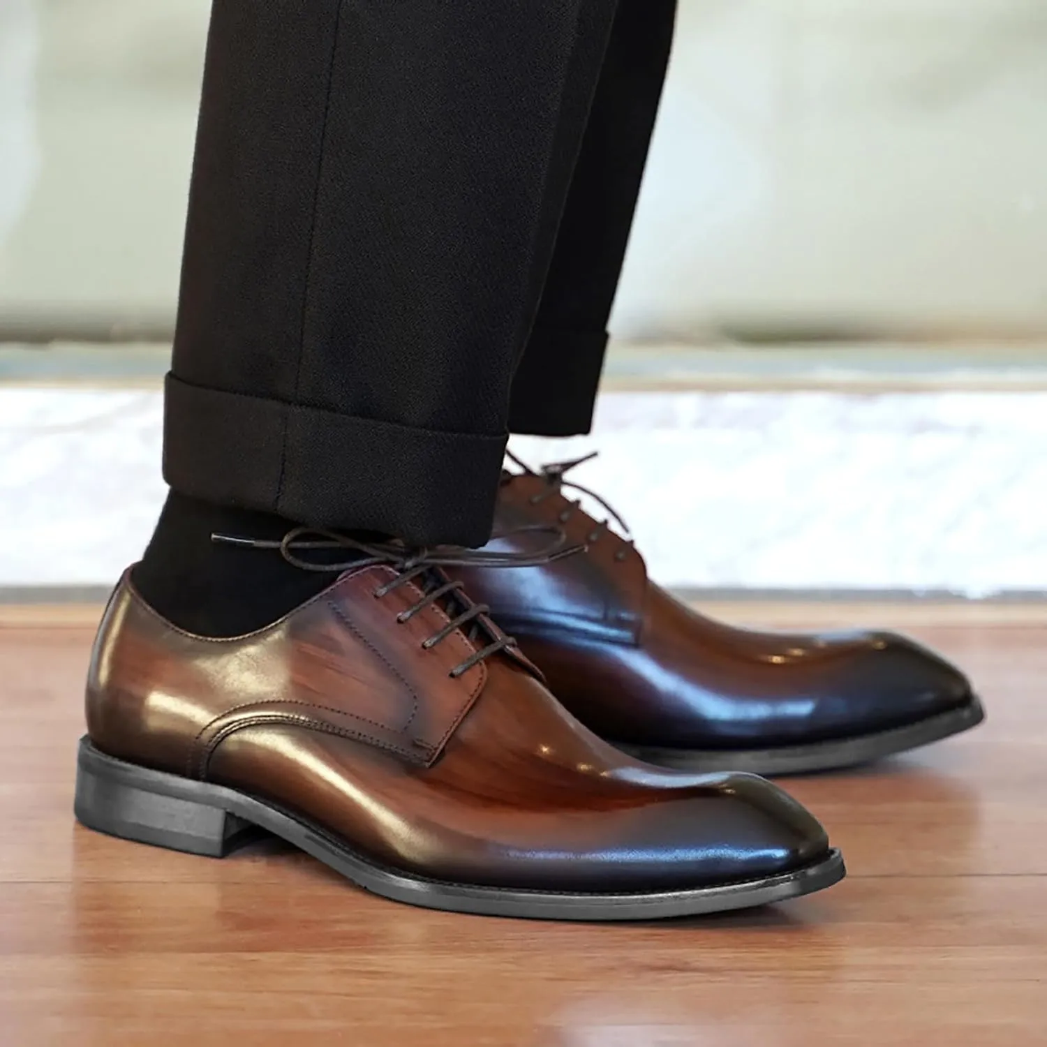 Mens Retro Leather Shoes Elegant Business Formal Shoes Casual Dating Brown Dress Leather Shoe for Men Daily Dress Shoe Squre Toe Lace Up Suit Footwear Comfort Offic Derbby