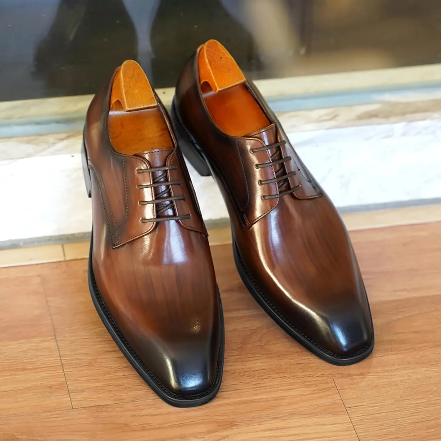 Mens Retro Leather Shoes Elegant Business Formal Shoes Casual Dating Brown Dress Leather Shoe for Men Daily Dress Shoe Squre Toe Lace Up Suit Footwear Comfort Offic Derbby
