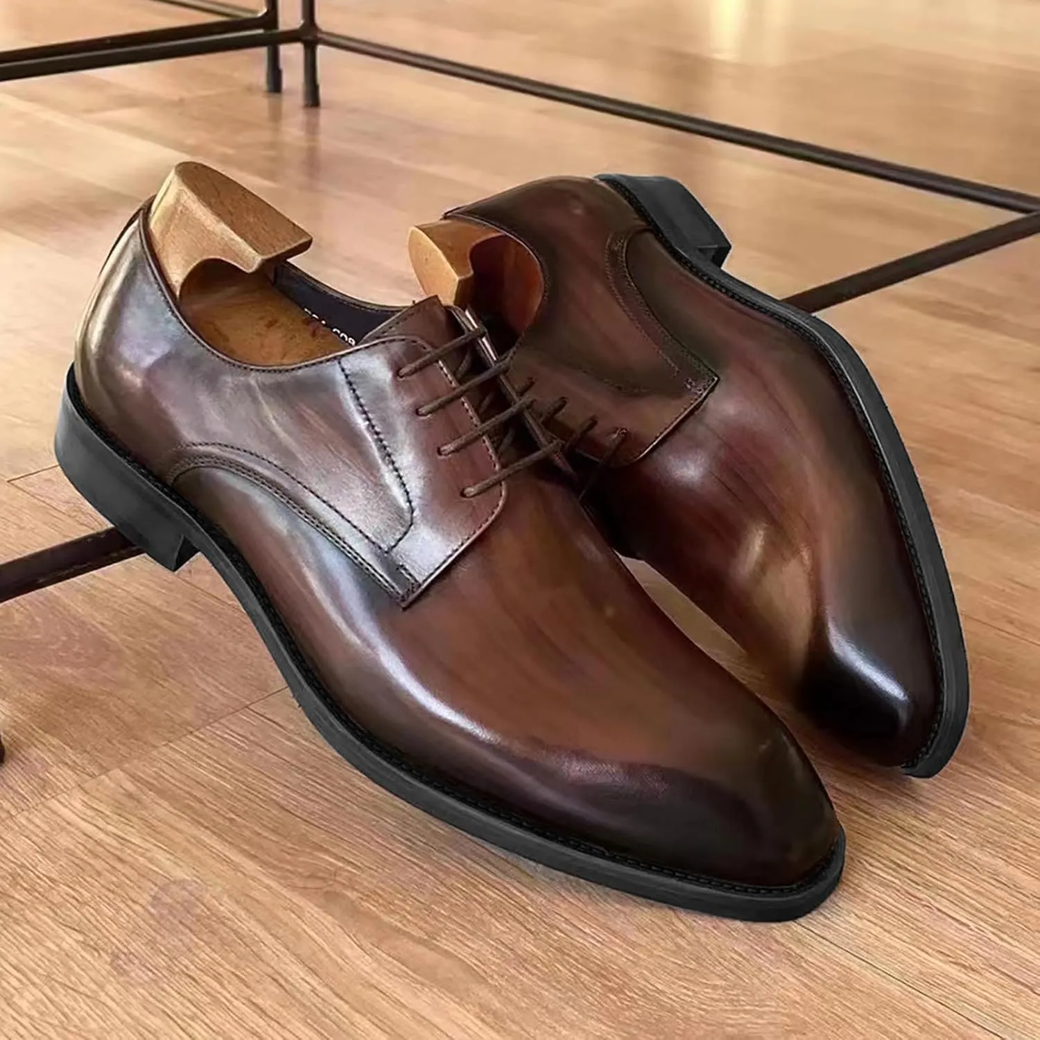 Mens Retro Leather Shoes Elegant Business Formal Shoes Casual Dating Brown Dress Leather Shoe for Men Daily Dress Shoe Squre Toe Lace Up Suit Footwear Comfort Offic Derbby