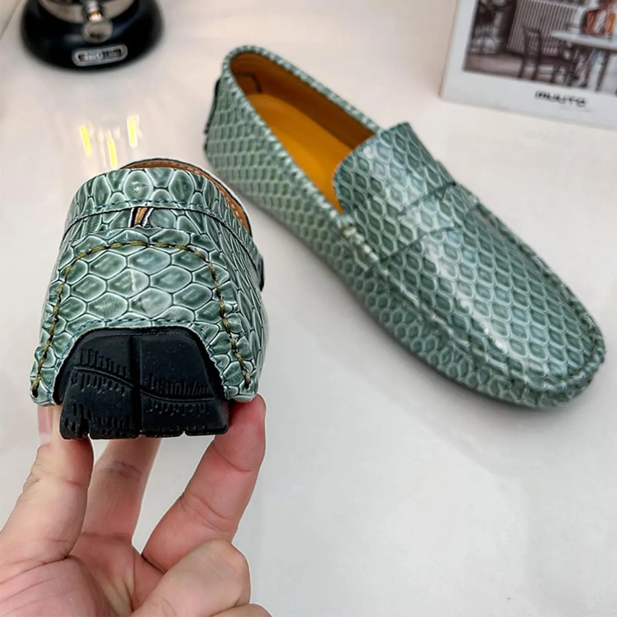 Men's Snake Embossed Leather Loafers Black Slip-On Driving Moccasins Shoes Style