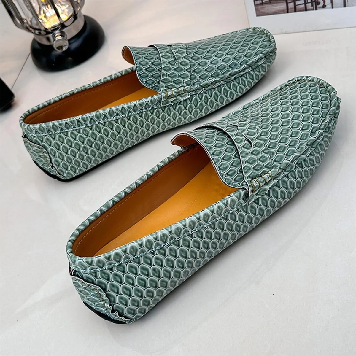 Men's Snake Embossed Leather Loafers Black Slip-On Driving Moccasins Shoes Style
