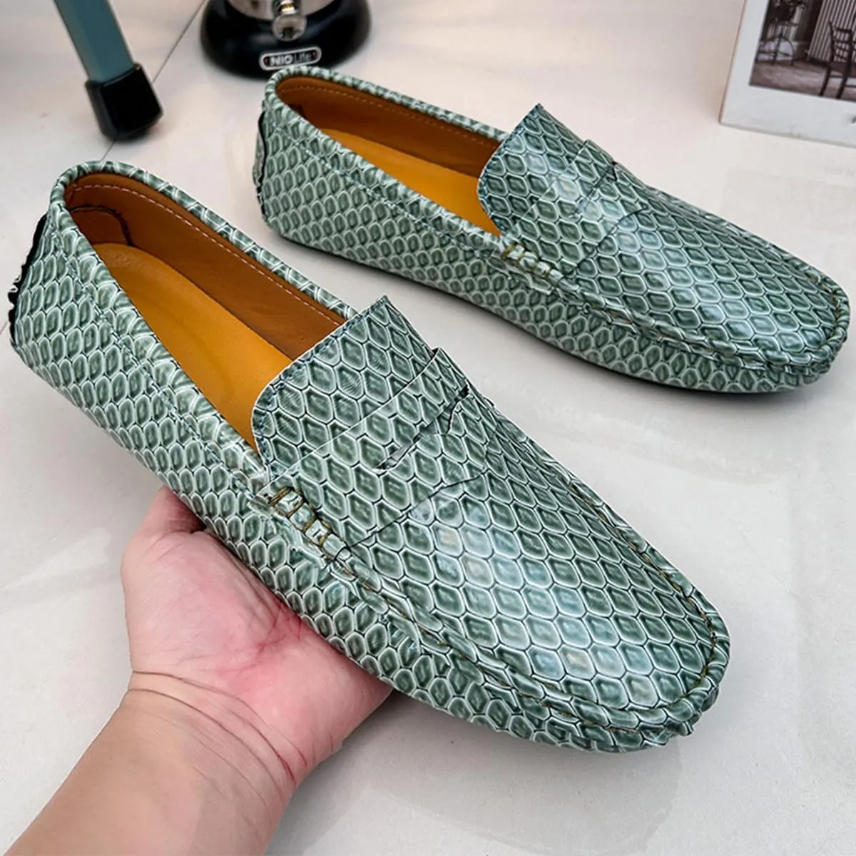 Men's Snake Embossed Leather Loafers Black Slip-On Driving Moccasins Shoes Style