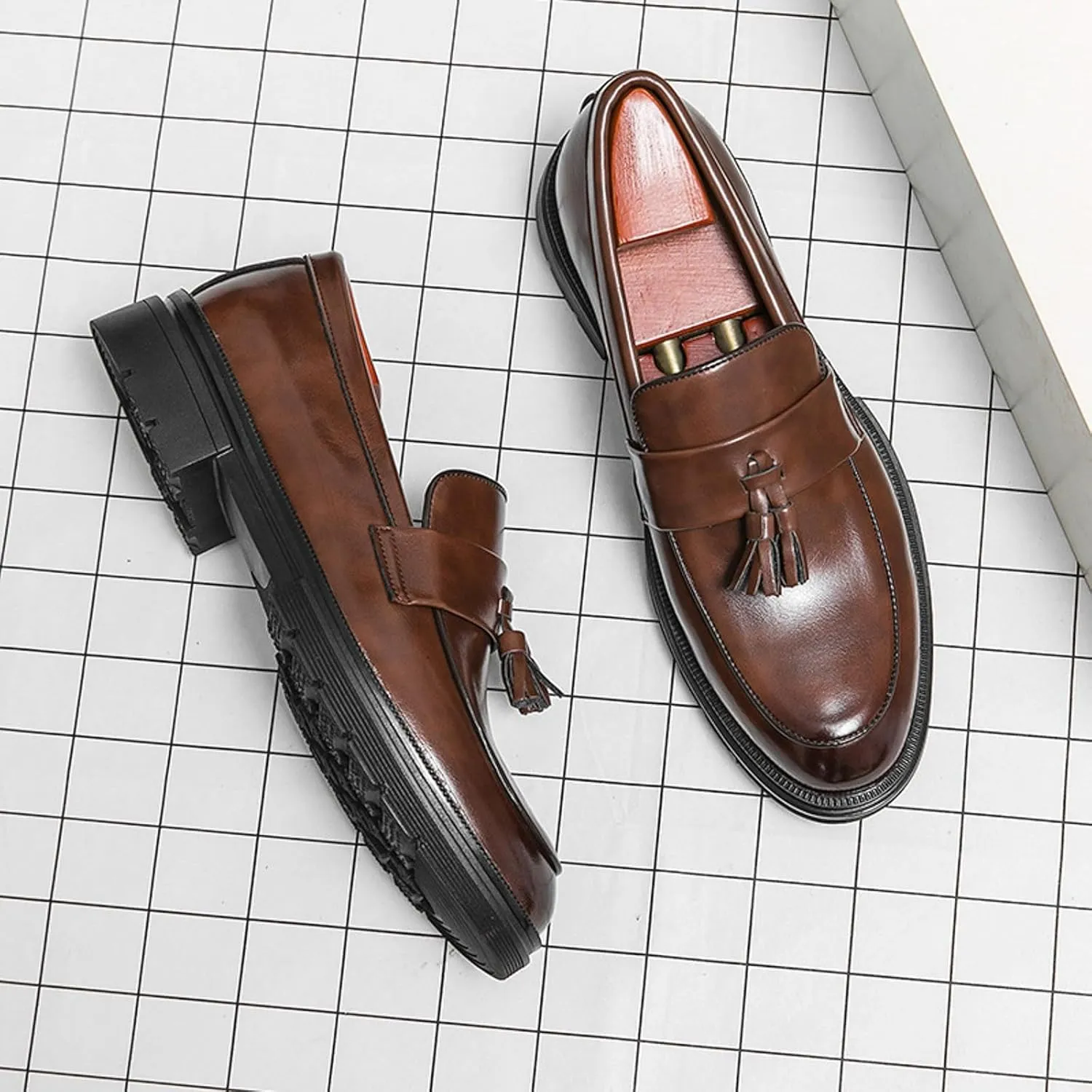 Mens Thick Sole Loafers Slip on Business Formal Loafers Non Slip Arch Support Leather Shoes for Men Waterproof Leather Shoes Comfortable Daily Work Shoe Casual Dress Shoe