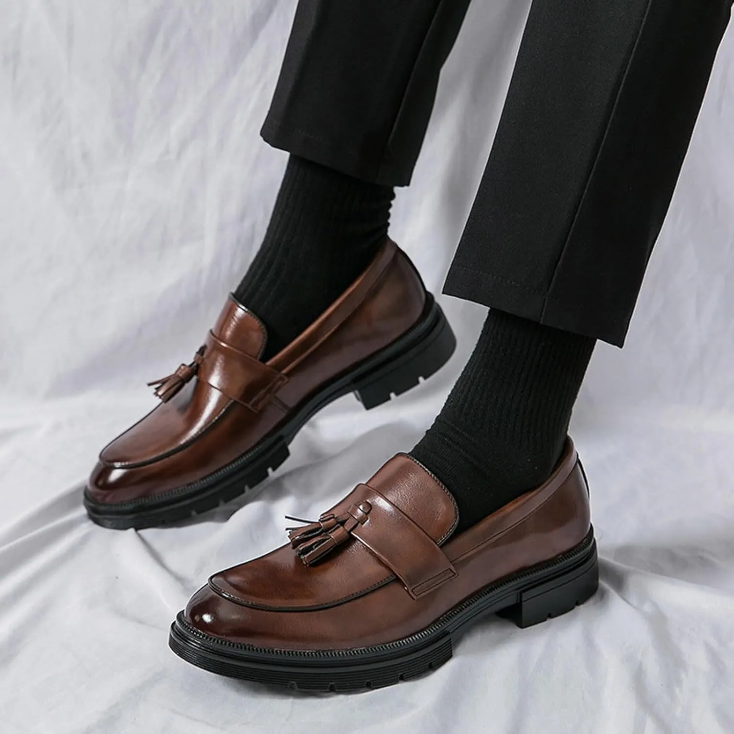 Mens Thick Sole Loafers Slip on Business Formal Loafers Non Slip Arch Support Leather Shoes for Men Waterproof Leather Shoes Comfortable Daily Work Shoe Casual Dress Shoe