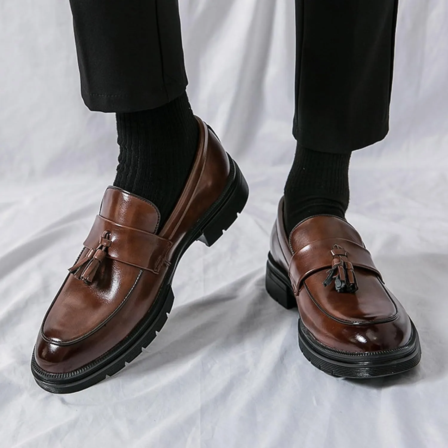 Mens Thick Sole Loafers Slip on Business Formal Loafers Non Slip Arch Support Leather Shoes for Men Waterproof Leather Shoes Comfortable Daily Work Shoe Casual Dress Shoe