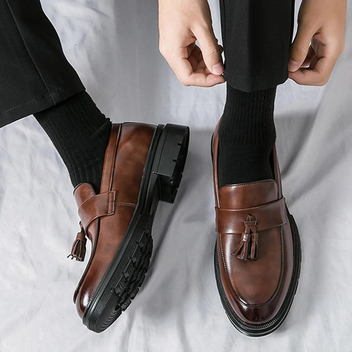 Mens Thick Sole Loafers Slip on Business Formal Loafers Non Slip Arch Support Leather Shoes for Men Waterproof Leather Shoes Comfortable Daily Work Shoe Casual Dress Shoe