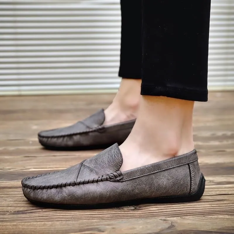 Men's Vegan Leather Loafers – Solid Color Driving Shoes with Stitching Details, Flexible, Lightweight, Anti-Slip Slip-On for Parties and Walking