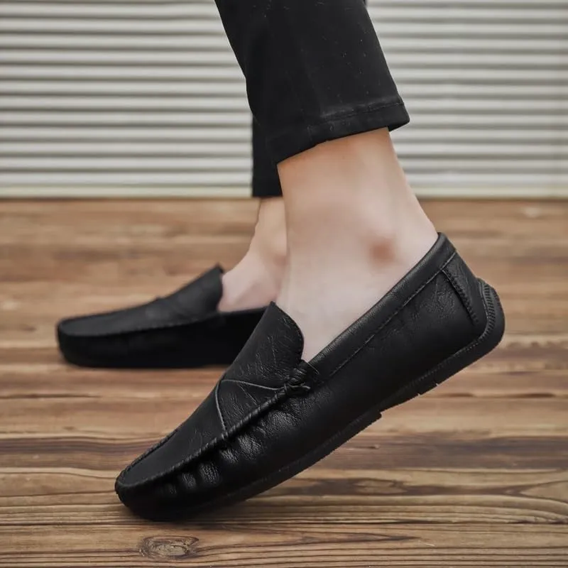 Men's Vegan Leather Loafers – Solid Color Driving Shoes with Stitching Details, Flexible, Lightweight, Anti-Slip Slip-On for Parties and Walking