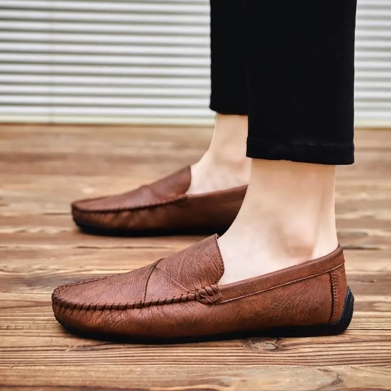 Men's Vegan Leather Loafers – Solid Color Driving Shoes with Stitching Details, Flexible, Lightweight, Anti-Slip Slip-On for Parties and Walking