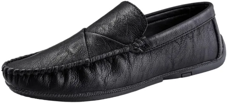 Men's Vegan Leather Loafers – Solid Color Driving Shoes with Stitching Details, Flexible, Lightweight, Anti-Slip Slip-On for Parties and Walking