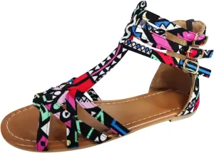 Multicolor Flats Sandals Women Peep toe Gladiator Falt Buckle Criss Cross Cover Heel Snakeskin Print Colorful 9
