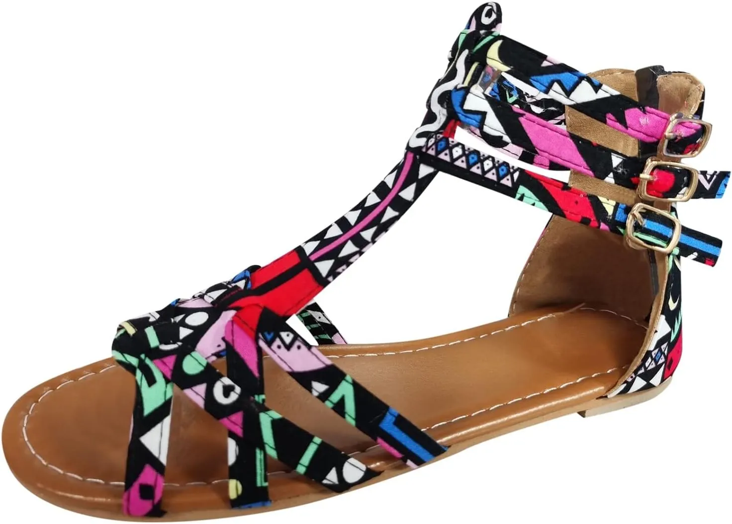 Multicolor Flats Sandals Women Peep toe Gladiator Falt Buckle Criss Cross Cover Heel Snakeskin Print Colorful 9