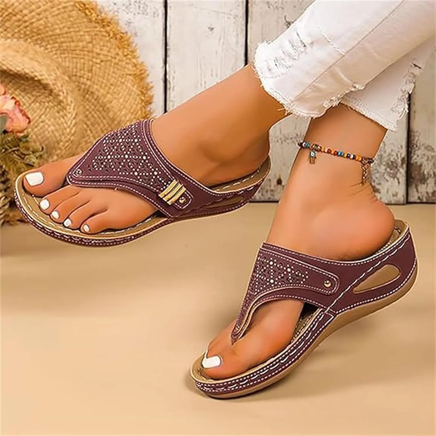 Orthopedic Sandals For Women 2025 Comfortable Walking Thong Flip Flops Low Wedge Orthotic Slides with Arch Support