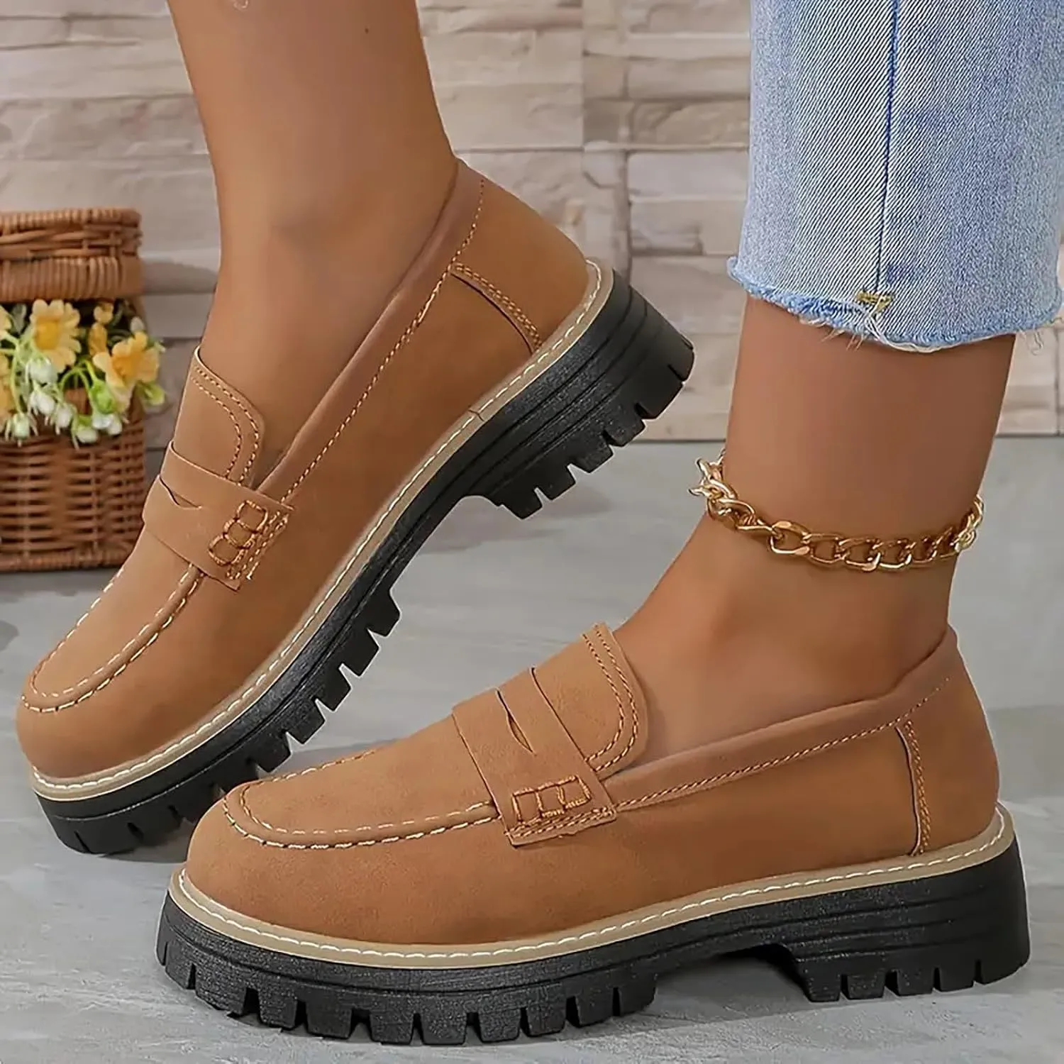 Platform Loafers for Women Comfort Slip On Loafers Casual Business Shoes Classic Fall Shoes Leather Penny Loafers
