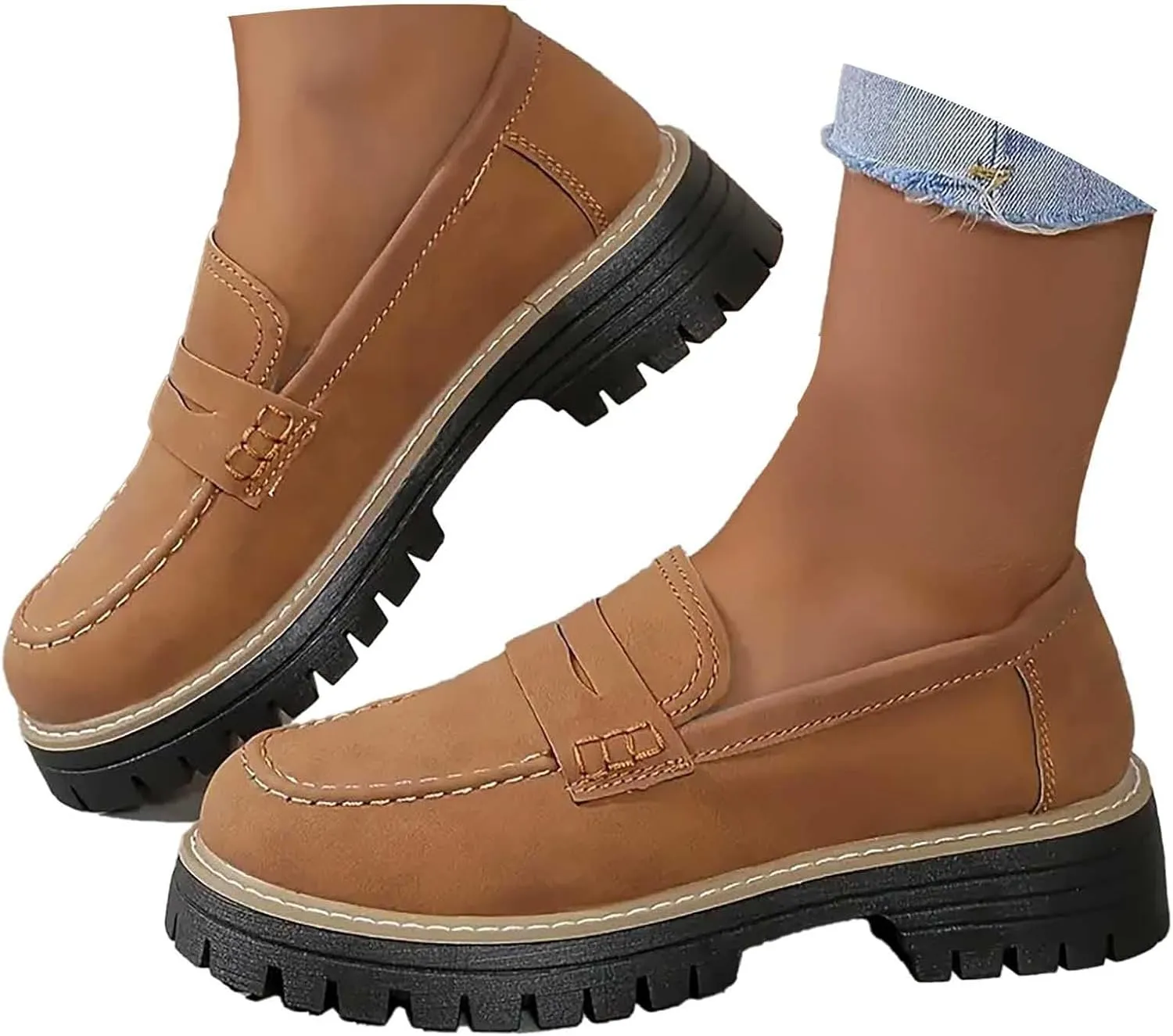 Platform Loafers for Women Comfort Slip On Loafers Casual Business Shoes Classic Fall Shoes Leather Penny Loafers