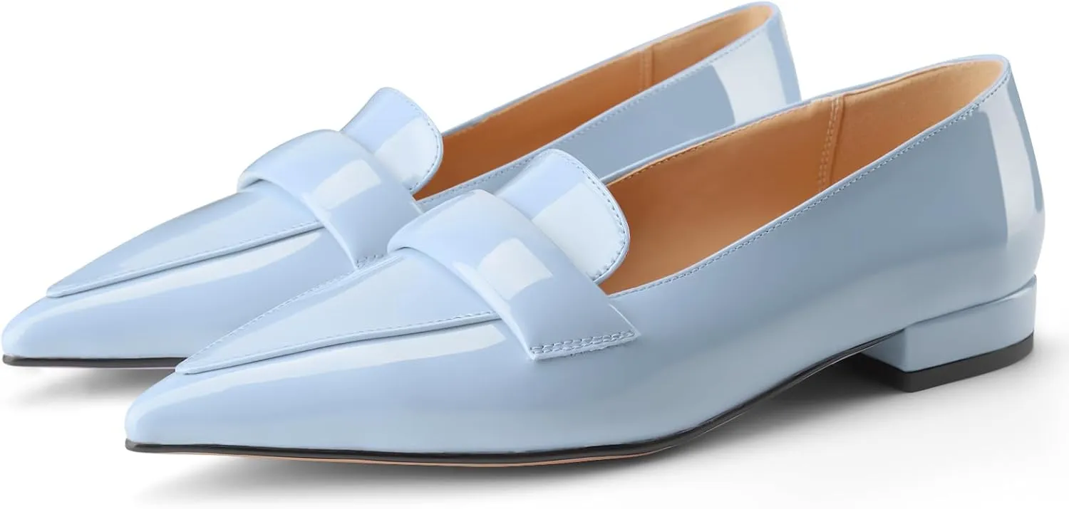 Pointed Toe Flats for Women Black Patent Leather Pointy Loafers Slip On Pumps Comfortable Elegant Dressy Shoes