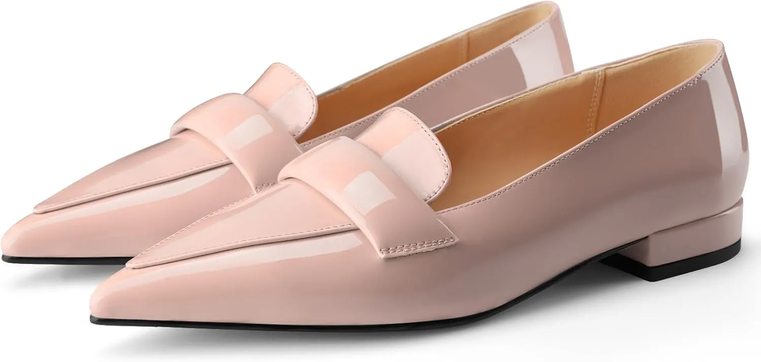 Pointed Toe Flats for Women Black Patent Leather Pointy Loafers Slip On Pumps Comfortable Elegant Dressy Shoes