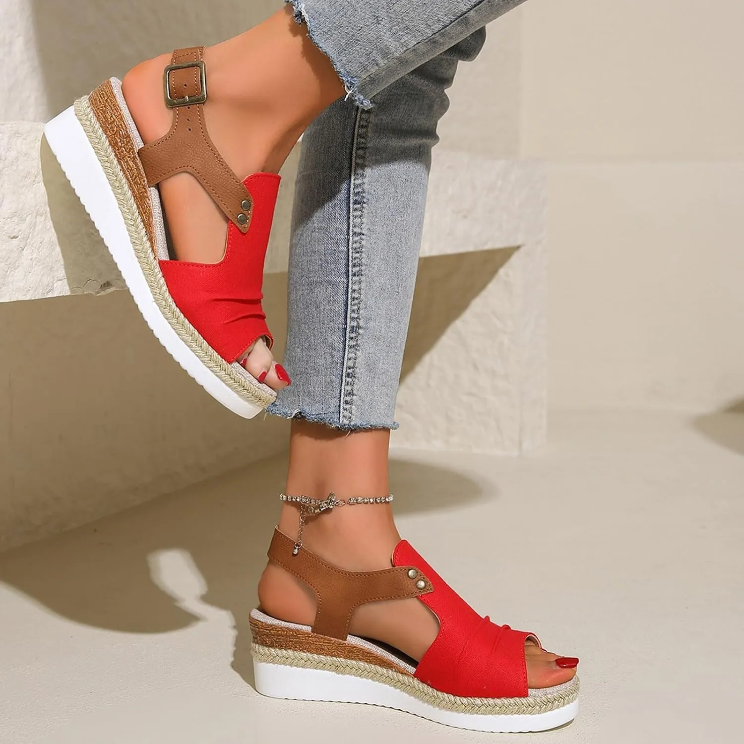 Sandals for Women 2024 Espadrilles Comfort Ladies Fish Mouth Breathable Bohemian Beach Buckle Women's Platform Sandals