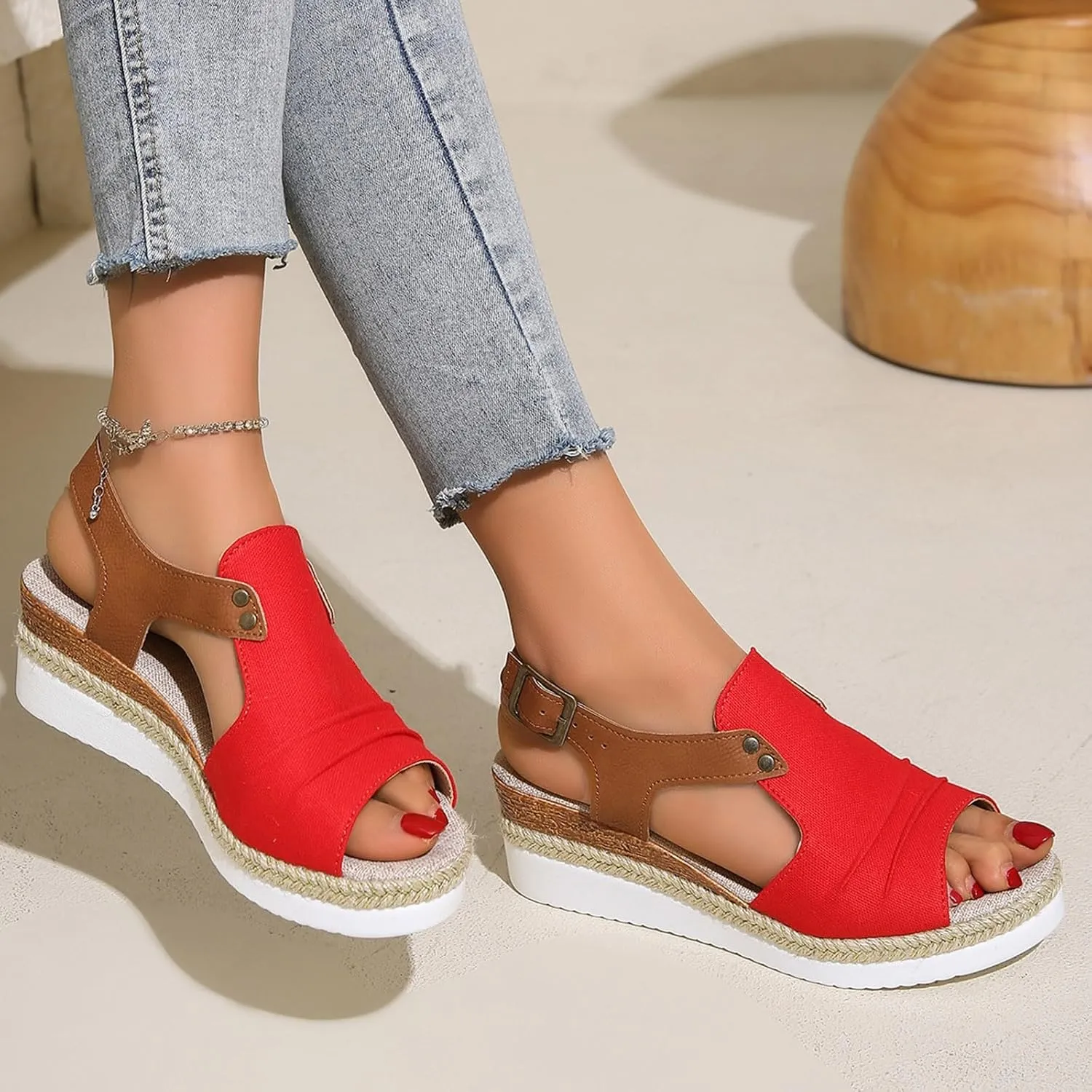 Sandals for Women 2024 Espadrilles Comfort Ladies Fish Mouth Breathable Bohemian Beach Buckle Women's Platform Sandals