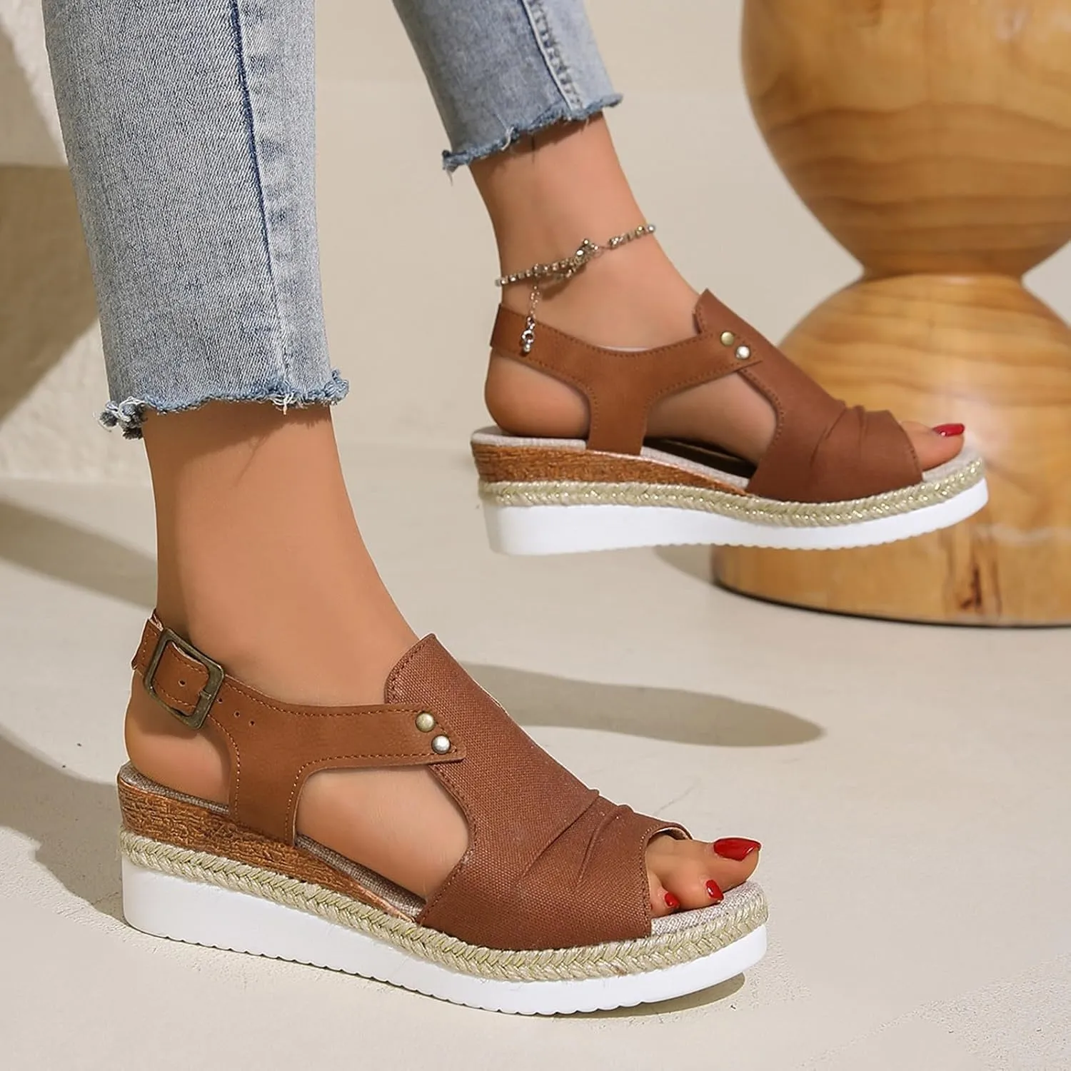Sandals for Women 2024 Espadrilles Comfort Ladies Fish Mouth Breathable Bohemian Beach Buckle Women's Platform Sandals