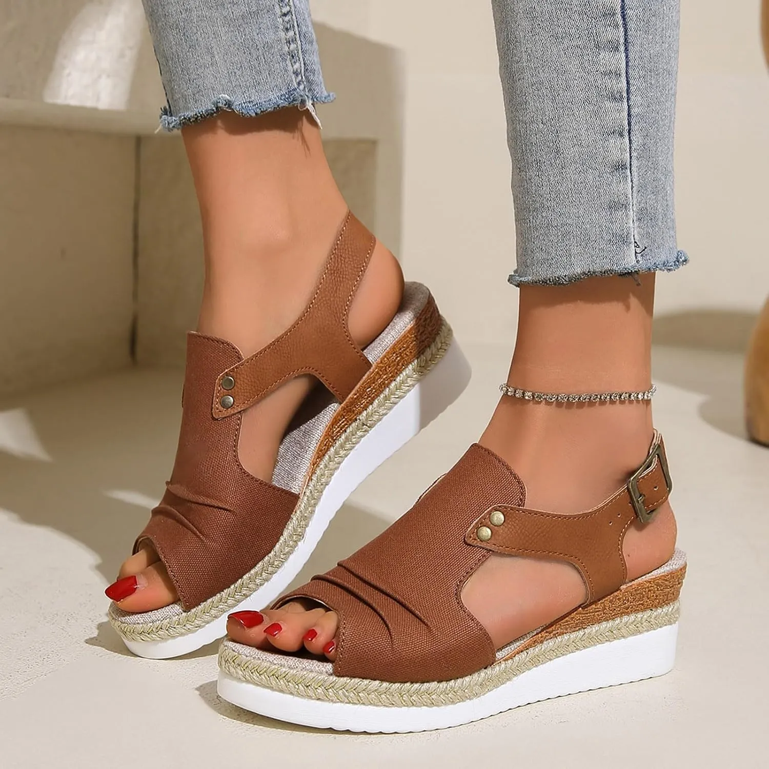 Sandals for Women 2024 Espadrilles Comfort Ladies Fish Mouth Breathable Bohemian Beach Buckle Women's Platform Sandals