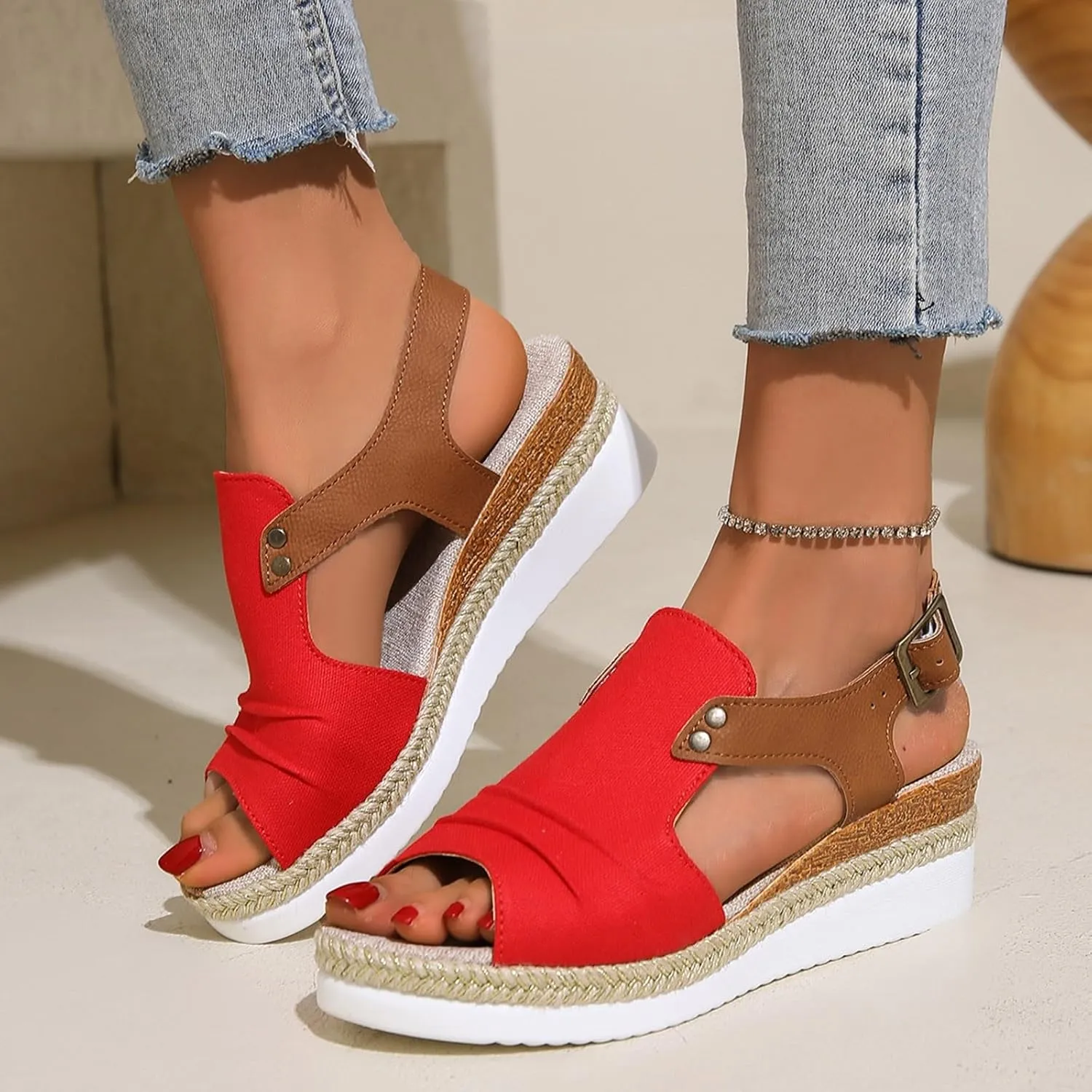 Sandals for Women 2024 Espadrilles Comfort Ladies Fish Mouth Breathable Bohemian Beach Buckle Women's Platform Sandals