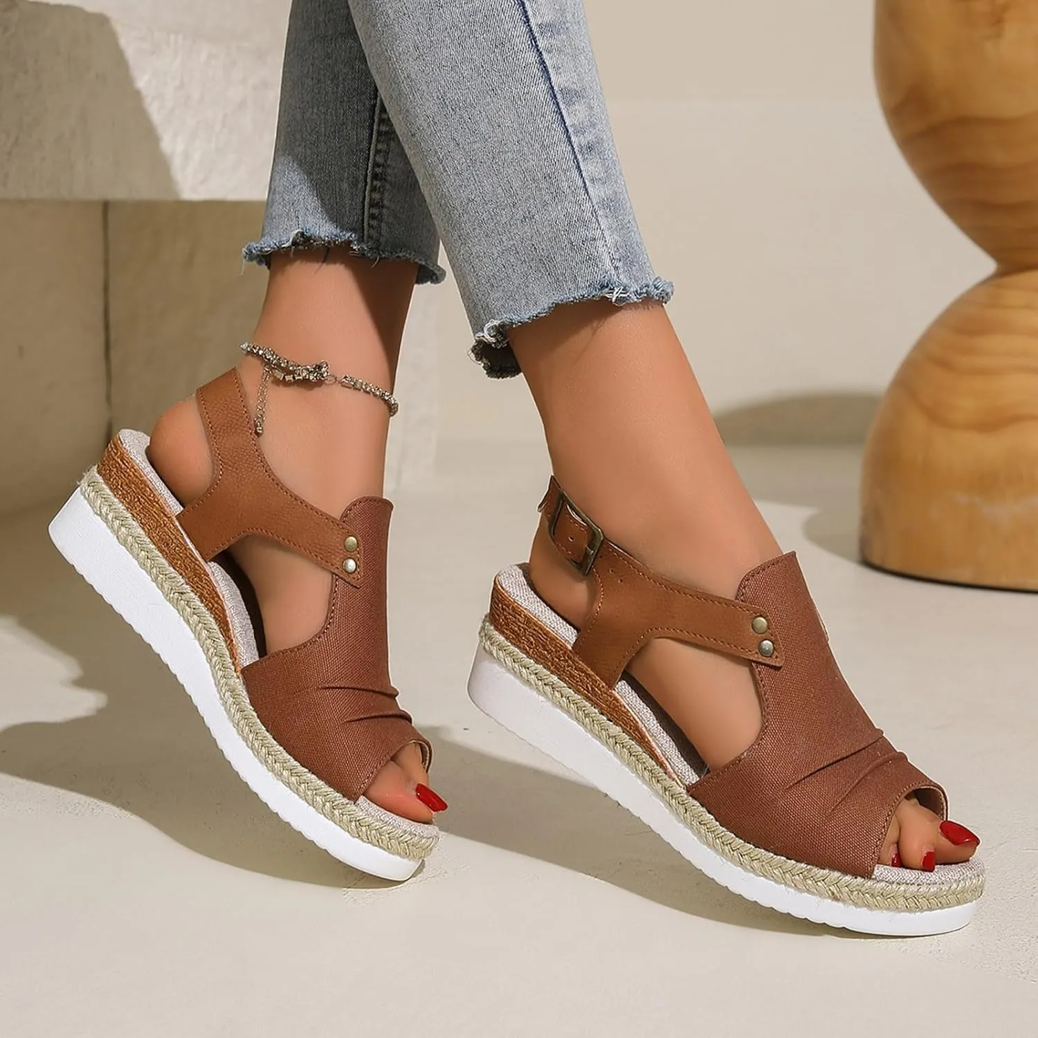 Sandals for Women 2024 Espadrilles Comfort Ladies Fish Mouth Breathable Bohemian Beach Buckle Women's Platform Sandals