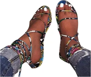 Sandals for Women Dressy,Women Gladiator Sandals Snakeskin Flat Summer Strappy Open Toe Knee High Flat Sandal