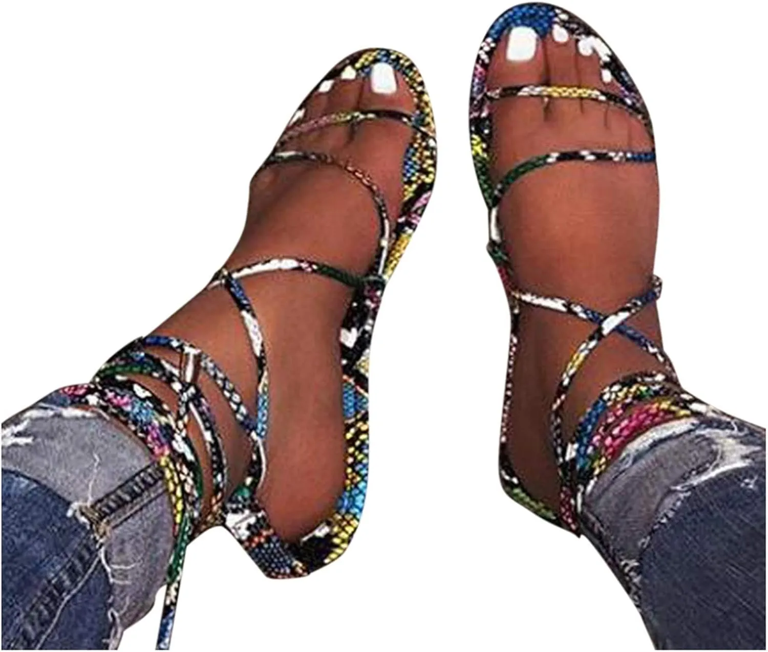Sandals for Women Dressy,Women Gladiator Sandals Snakeskin Flat Summer Strappy Open Toe Knee High Flat Sandal
